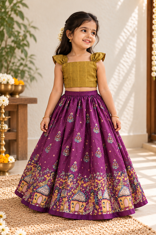 Siara - Mustard Yellow & Lilac Raw Silk Crop Top & Skirt