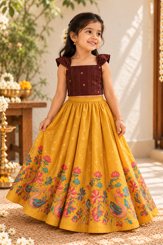 Siara - Brown & Golden Yellow Raw Silk Top & Skirt