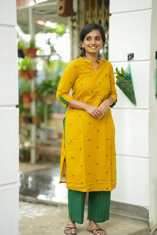 Mathura -  Yellow And Green Handloom Cotton Co-ord Set