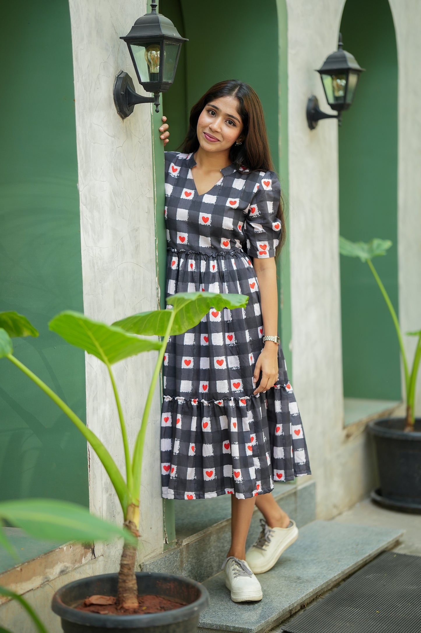 Yuva - Black and White Heart Checked Midi Length Dresses