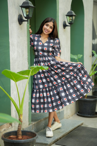 Yuva - Black and White Heart Checked Midi Length Dresses