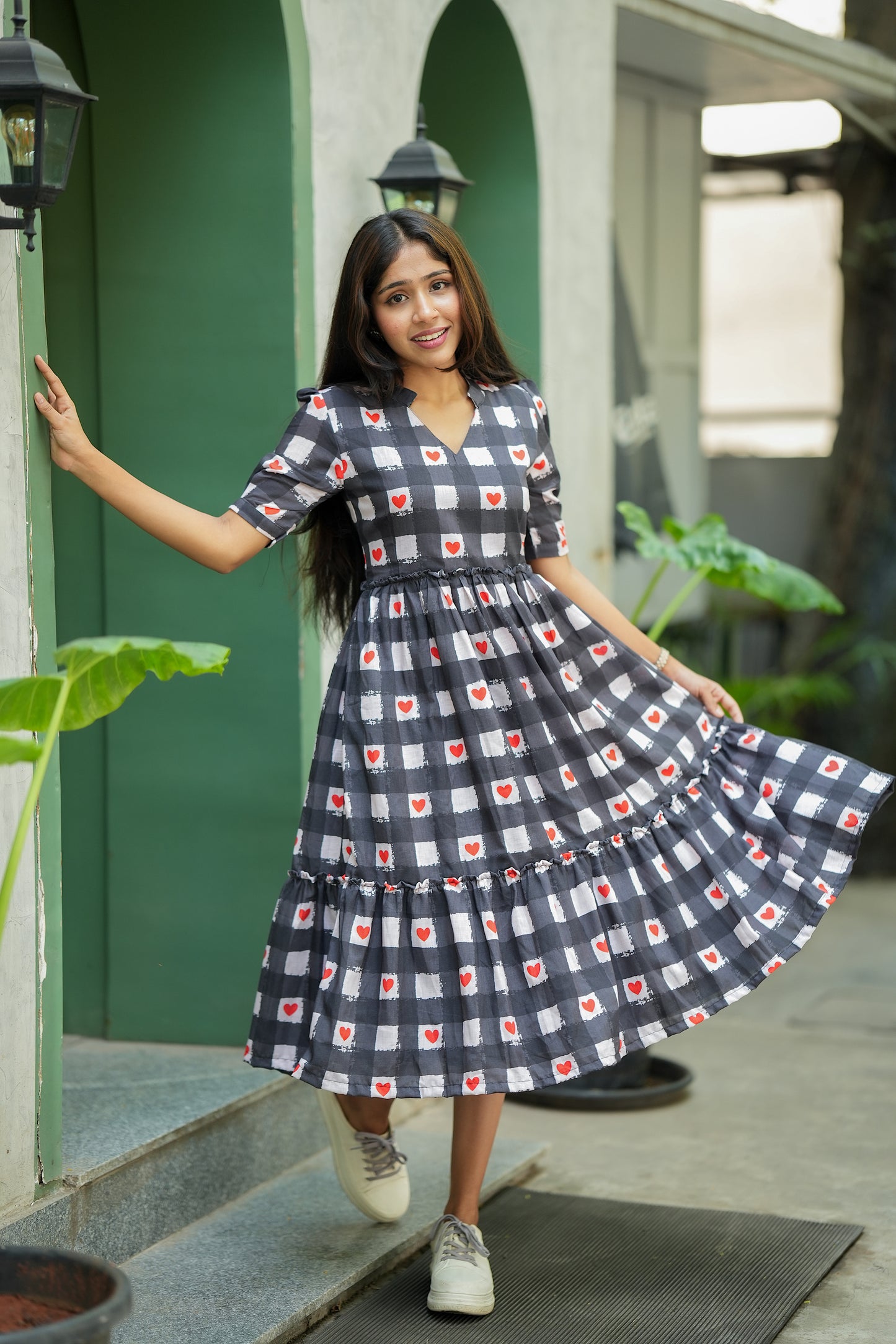 Yuva - Black and White Heart Checked Midi Length Dresses