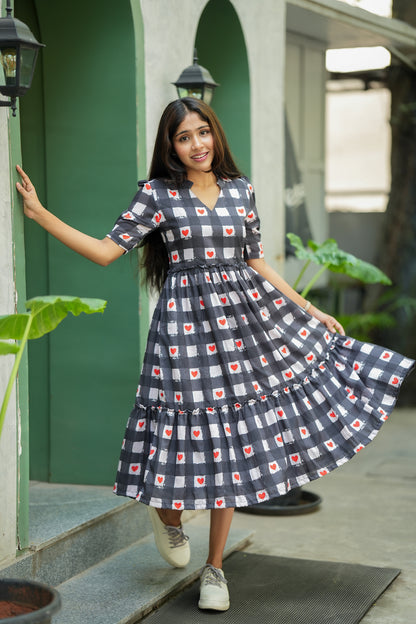 Yuva - Black and White Heart Checked Midi Length Dresses