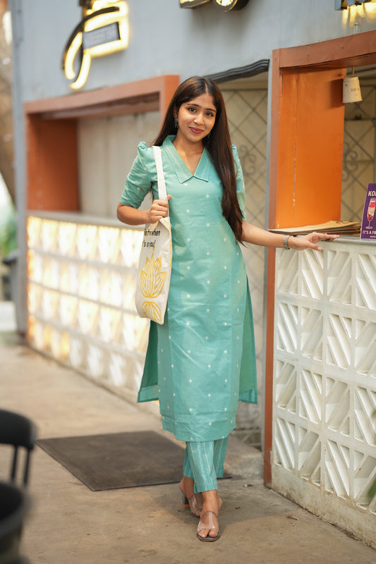 Saanvi -  Pastel Green Handloom Kurti Set
