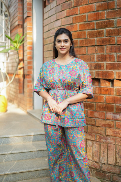 Jaanvi - Teal Blue Kaftan Night Set