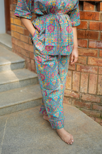 Jaanvi - Teal Blue Kaftan Night Set