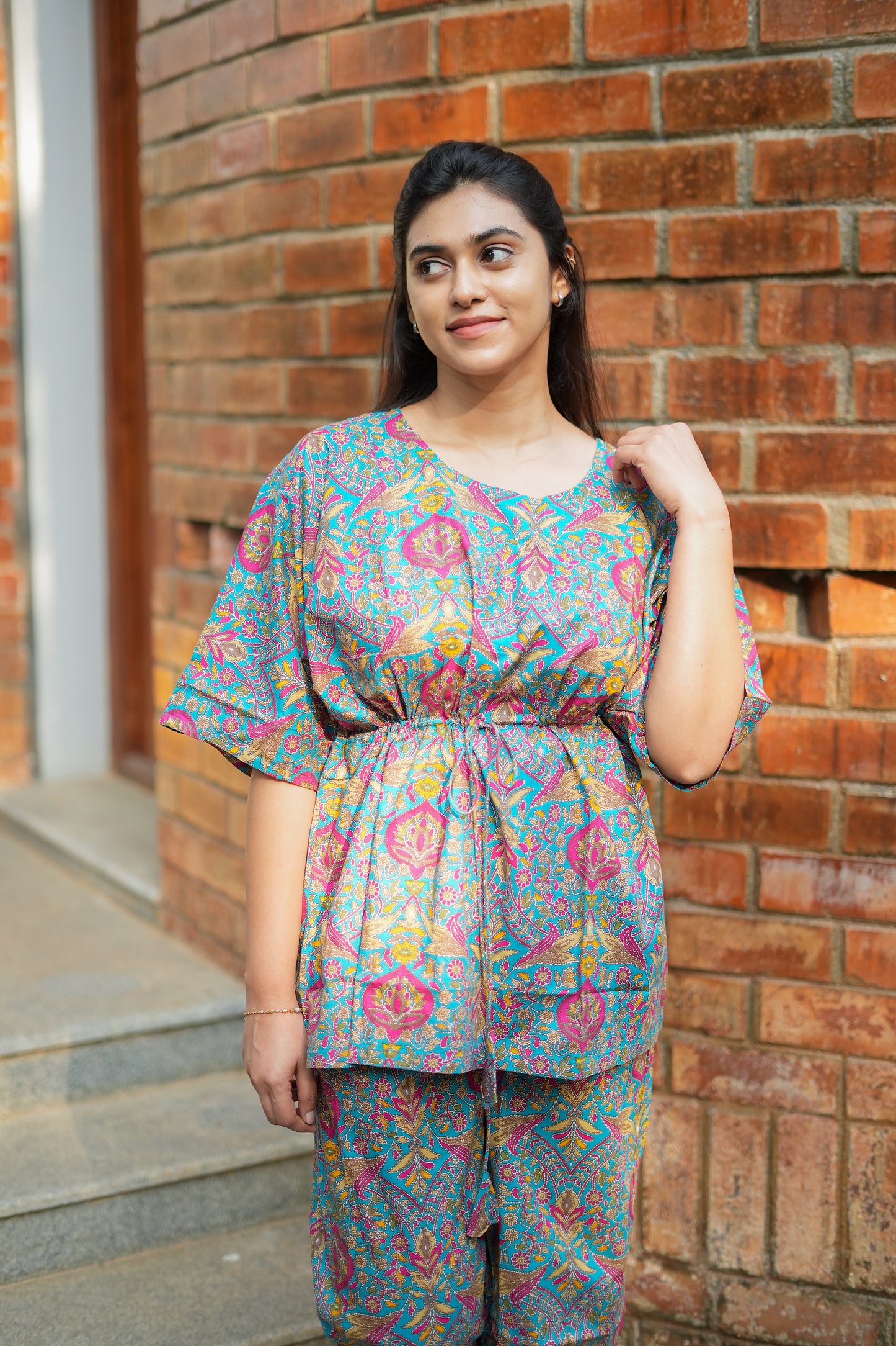 Jaanvi - Teal Blue Kaftan Night Set