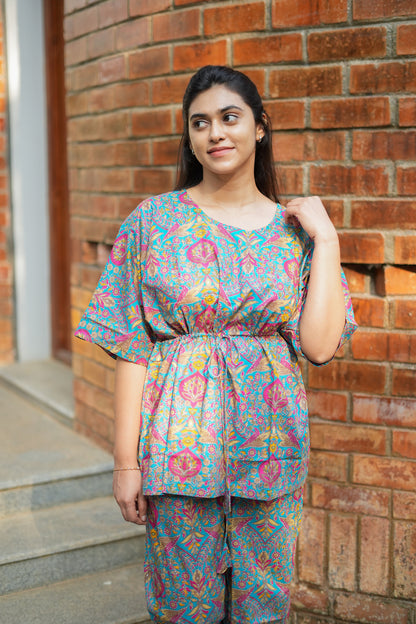Jaanvi - Teal Blue Kaftan Night Set