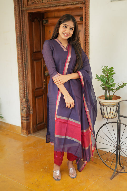 Mridula -  Indigo Maheshwari Silk 3 Pcs Set