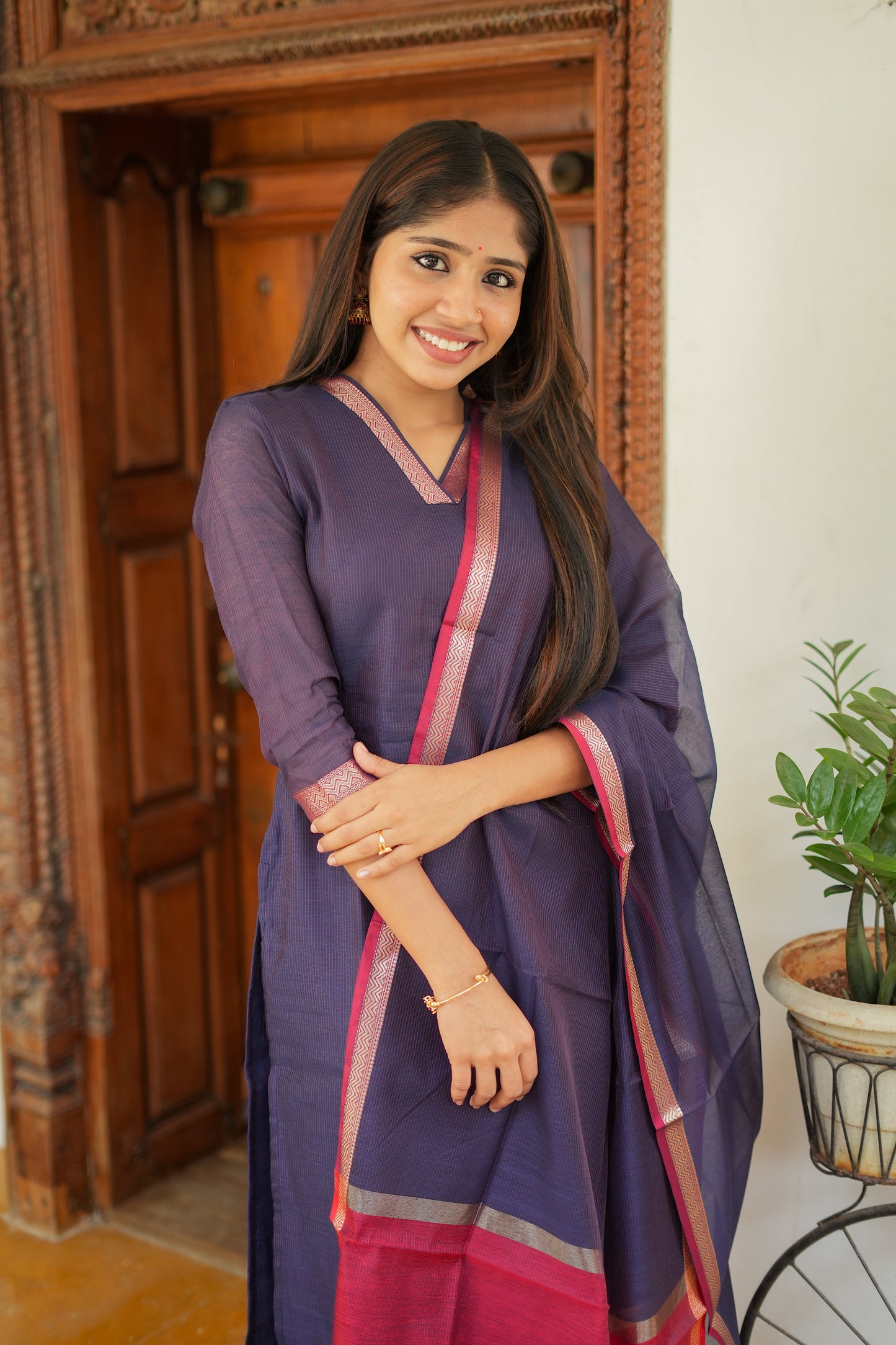 Mridula -  Indigo Maheshwari Silk 3 Pcs Set