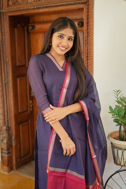 Mridula -  Indigo Maheshwari Silk 3 Pcs Set