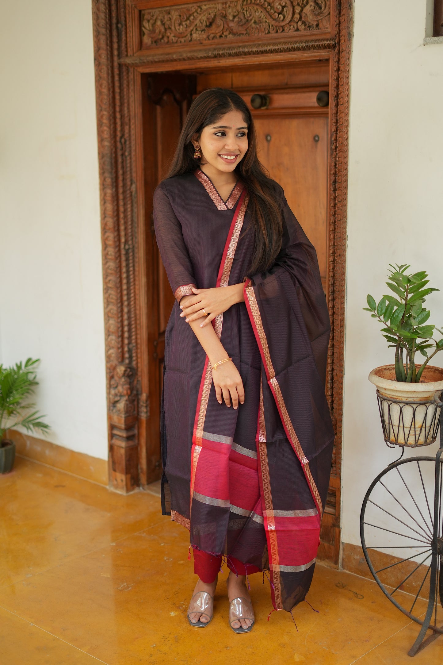 Mridula -  Black Maheshwari Silk 3 Pcs Set