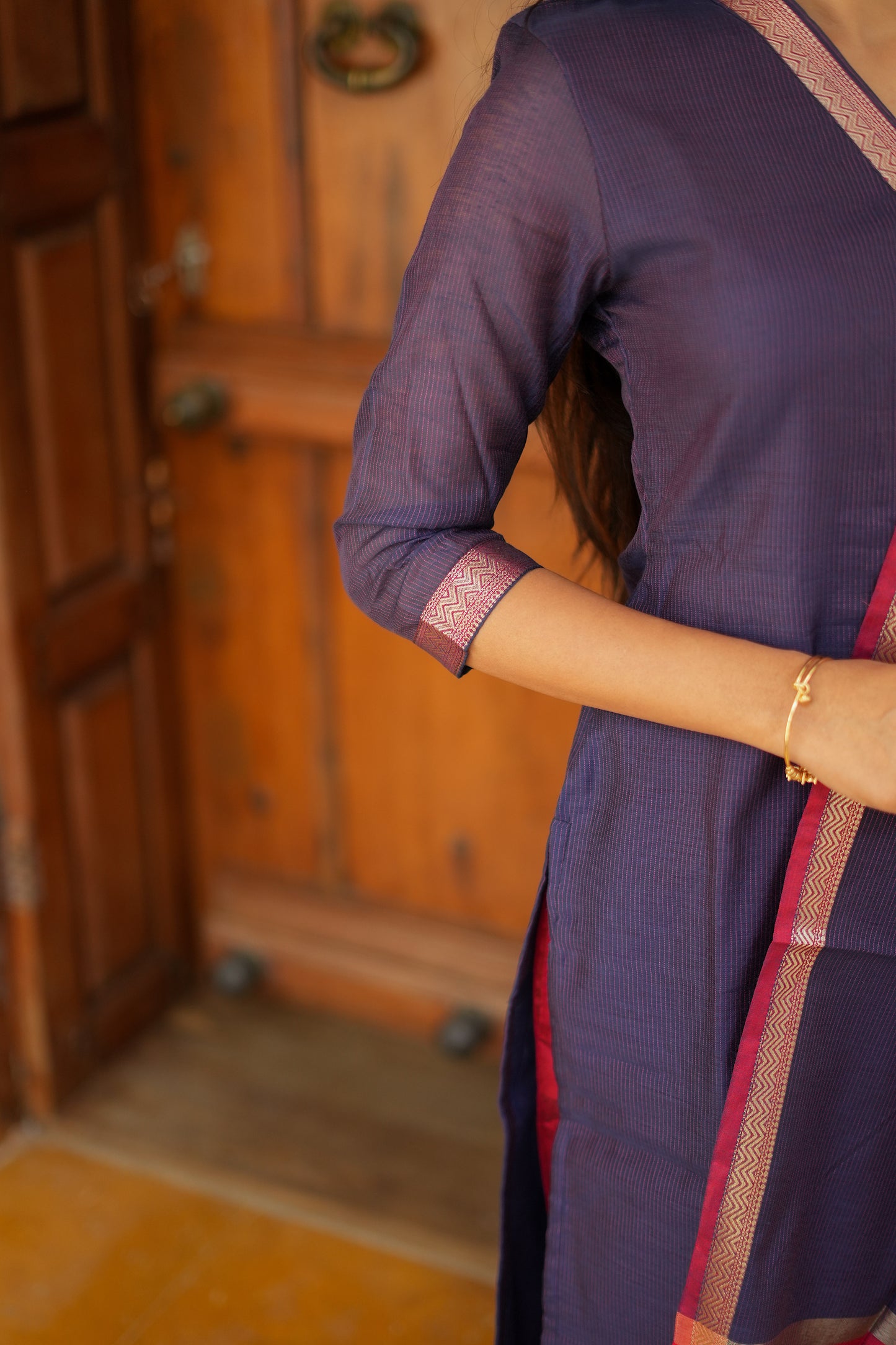 Mridula -  Indigo Maheshwari Silk 3 Pcs Set