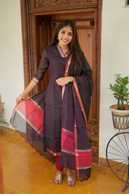 Mridula -  Black Maheshwari Silk 3 Pcs Set