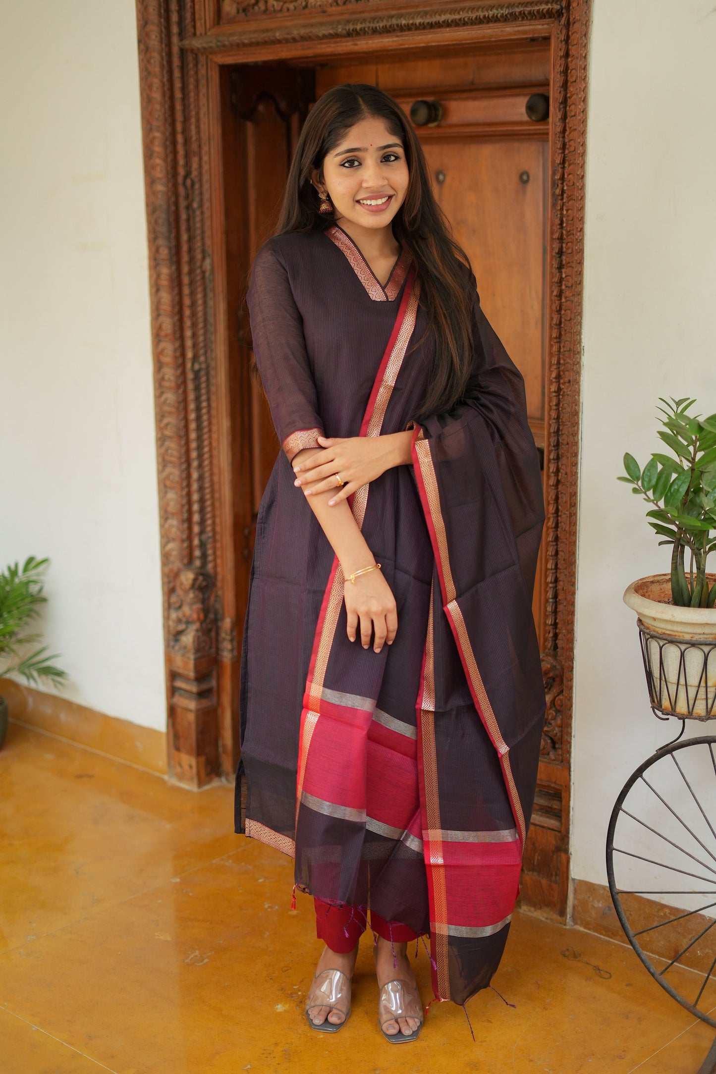 Mridula -  Black Maheshwari Silk 3 Pcs Set