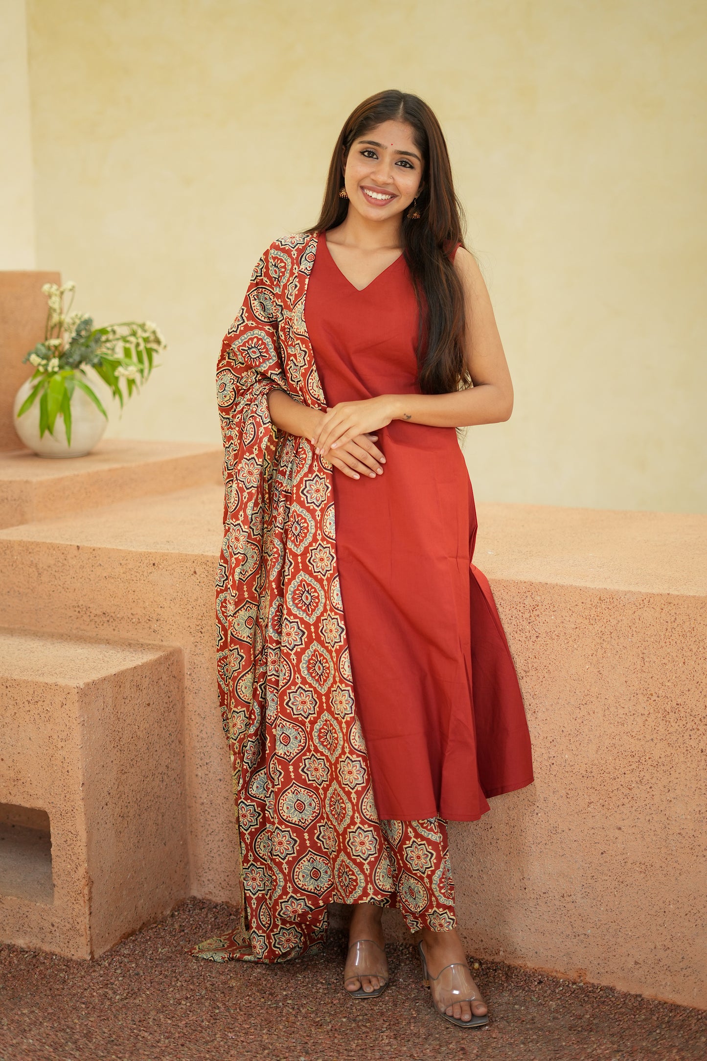 Viha - Red Cotton Aline 3 Pcs Set