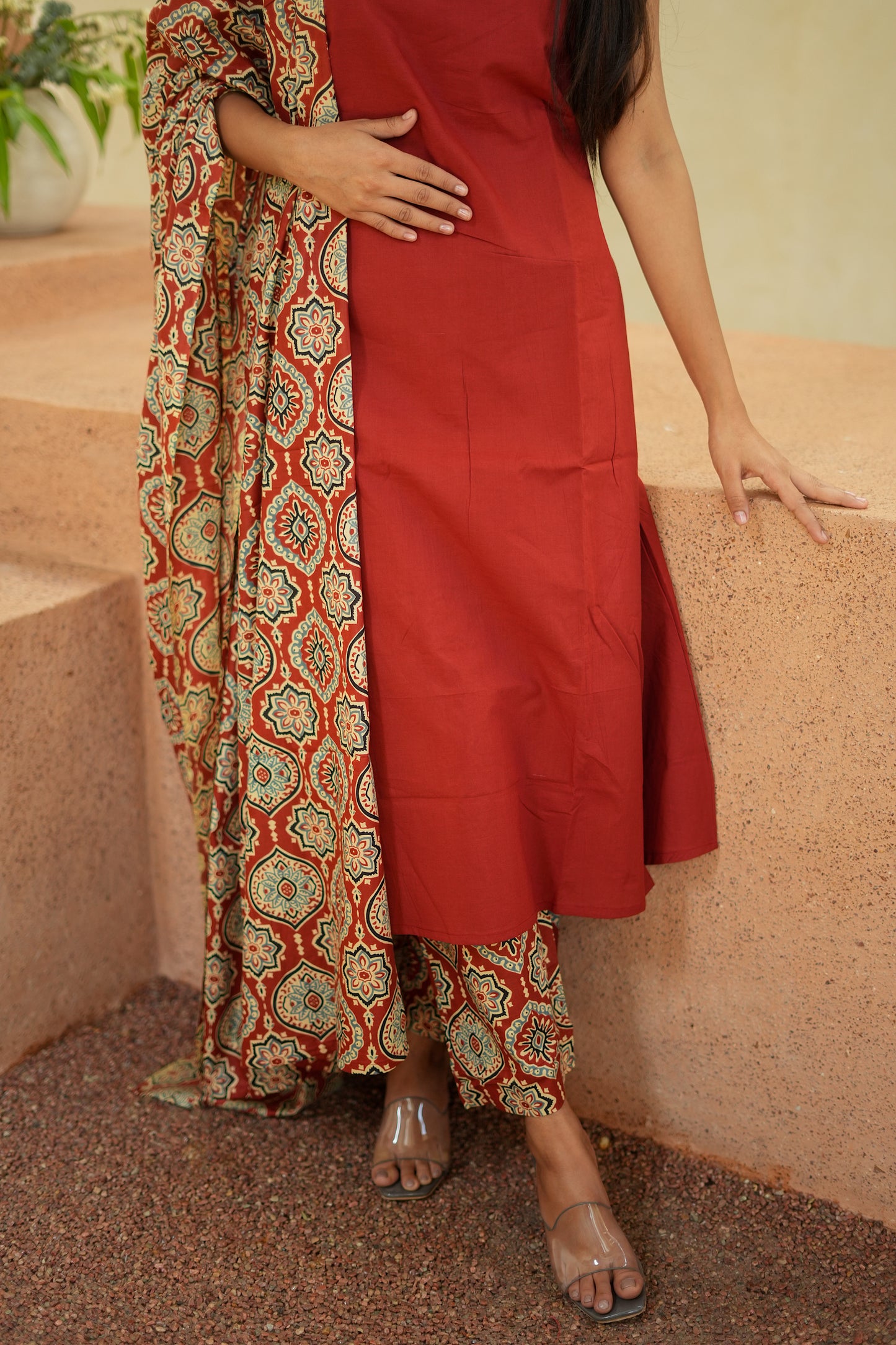 Viha - Red Cotton Aline 3 Pcs Set