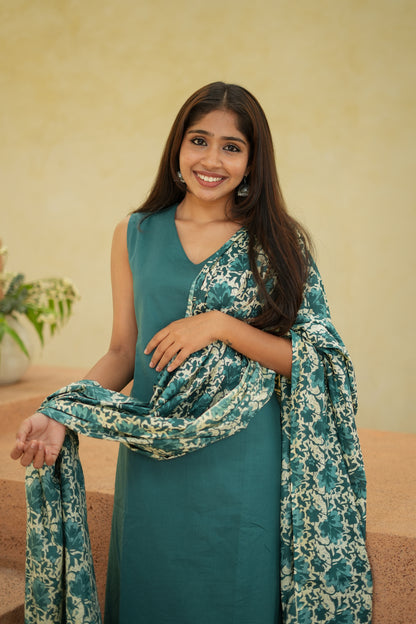 Viha - Teal Blue Cotton Aline 3 Pcs Set