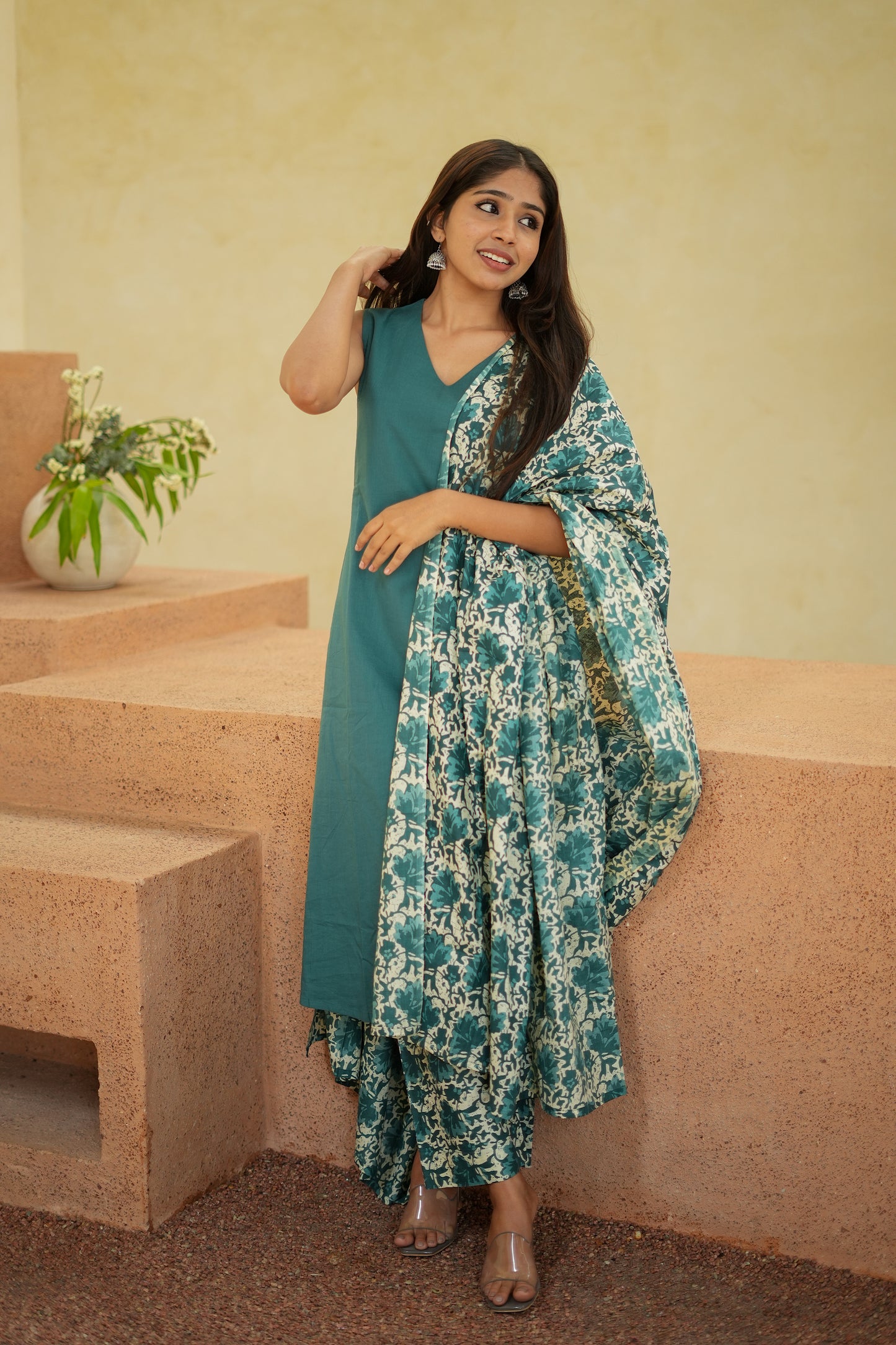 Viha - Teal Blue Cotton Aline 3 Pcs Set