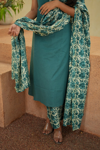 Viha - Teal Blue Cotton Aline 3 Pcs Set