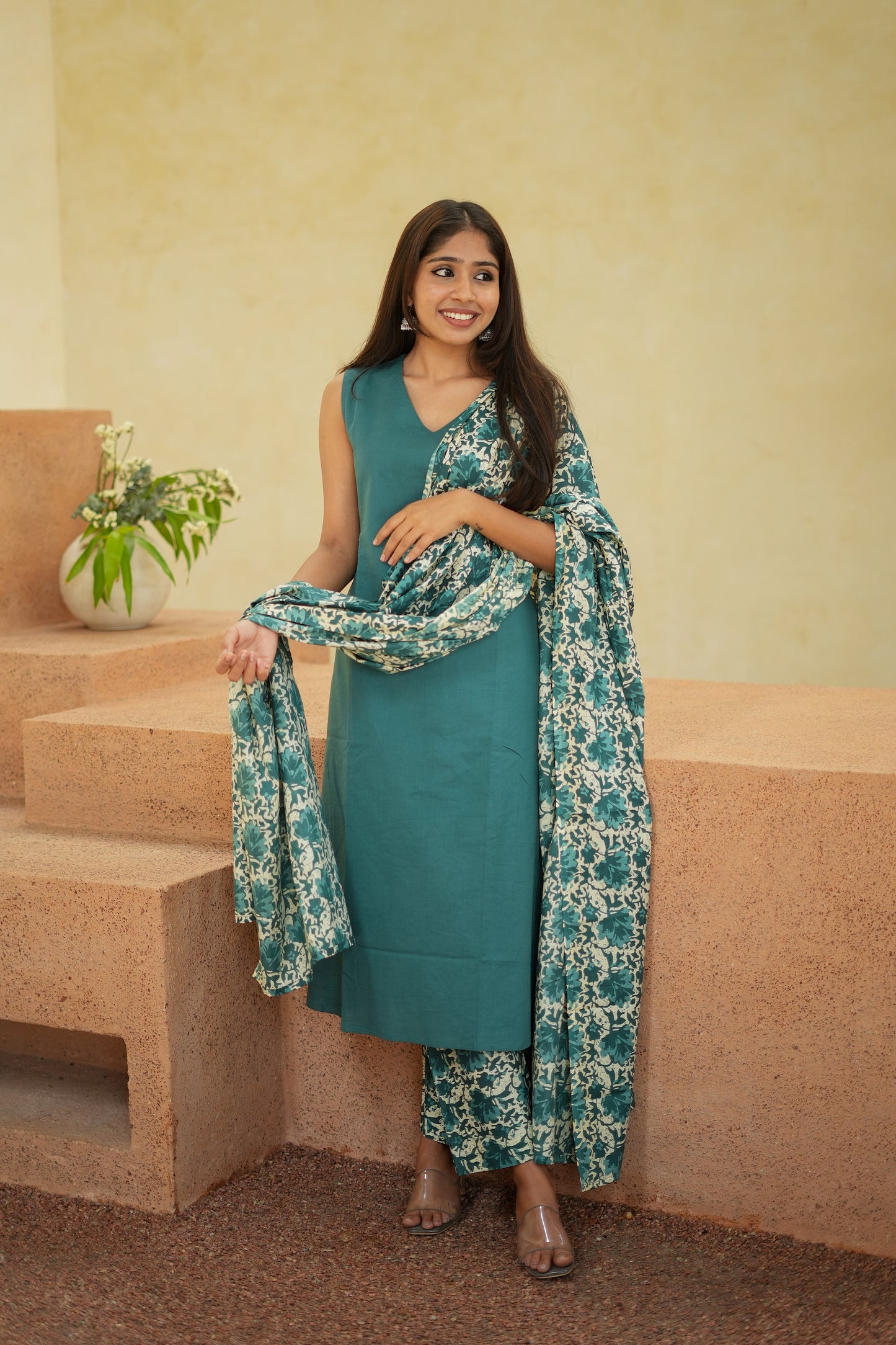 Viha - Teal Blue Cotton Aline 3 Pcs Set