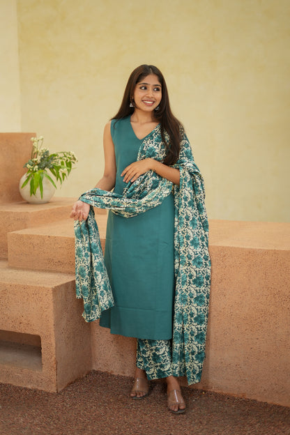 Viha - Teal Blue Cotton Aline 3 Pcs Set