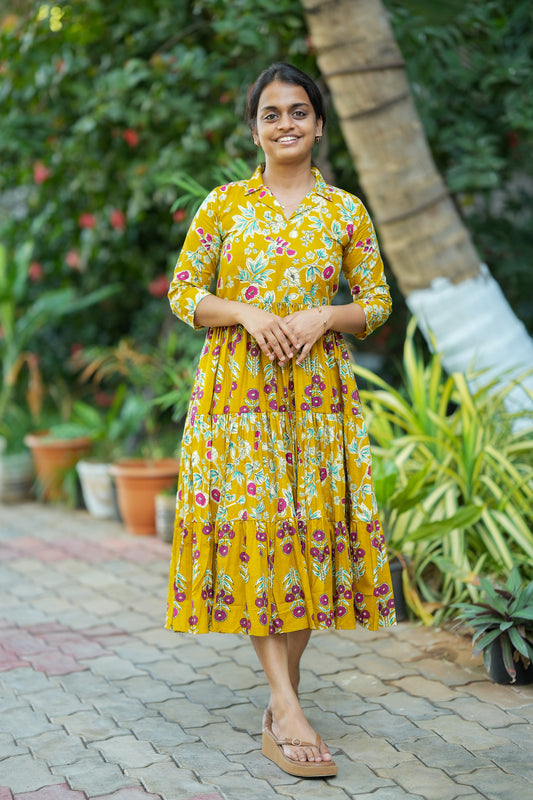 Krisha - Yellow Cotton Midi Length Dress