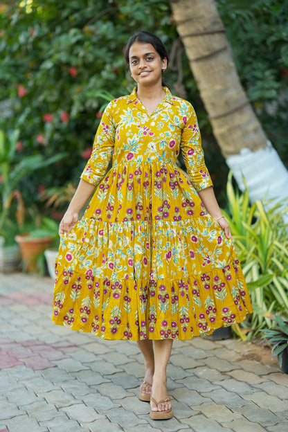 Krisha - Yellow Cotton Midi Length Dress