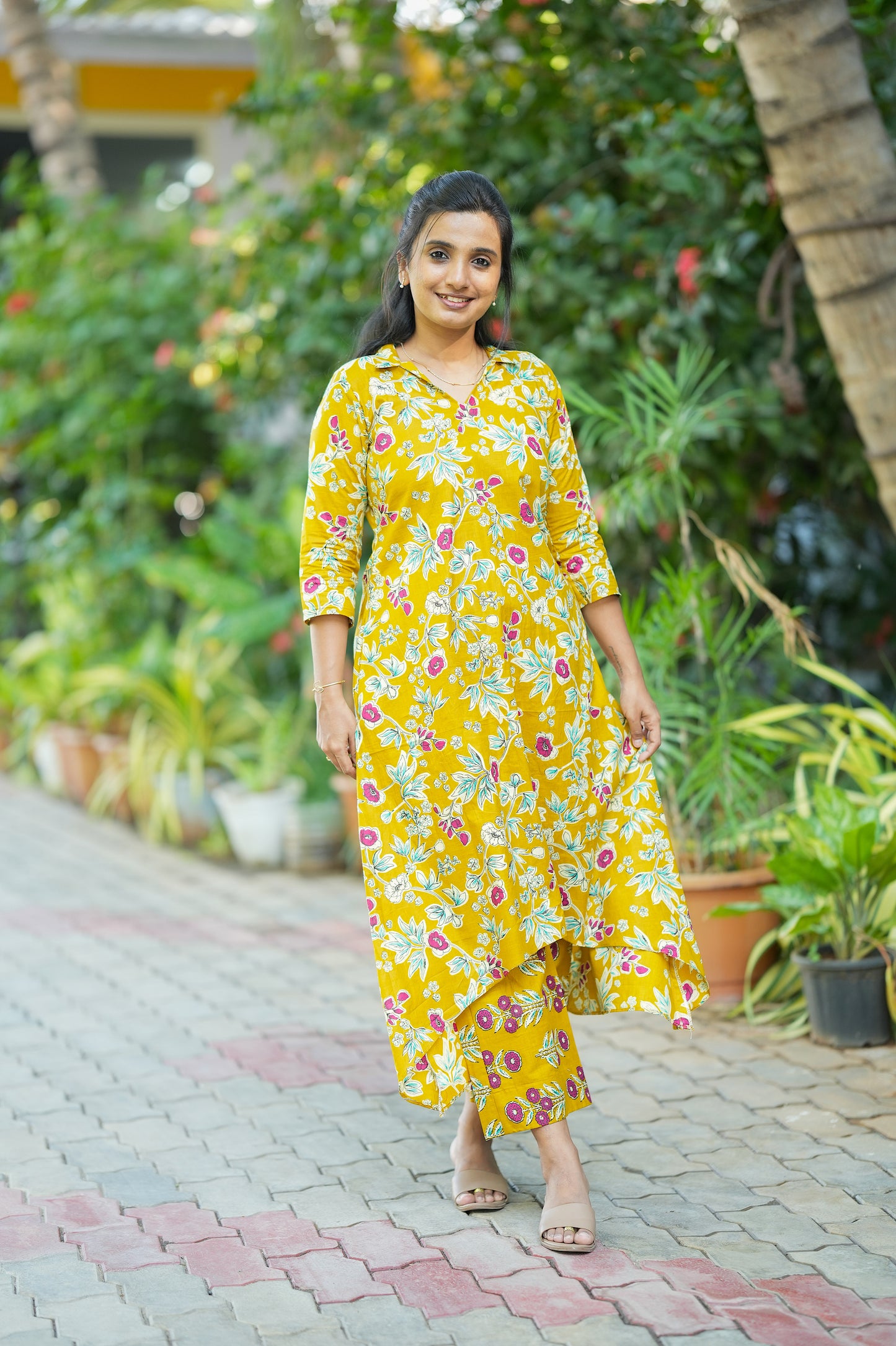 Krisha -  Yellow Cotton Aline Kurti Set