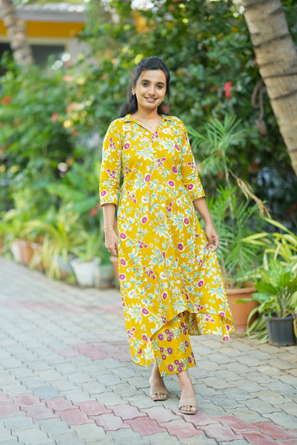 Krisha -  Yellow Cotton Aline Kurti Set