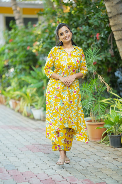Krisha -  Yellow Cotton Aline Kurti Set