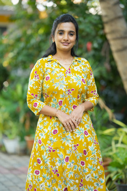 Krisha -  Yellow Cotton Aline Kurti Set
