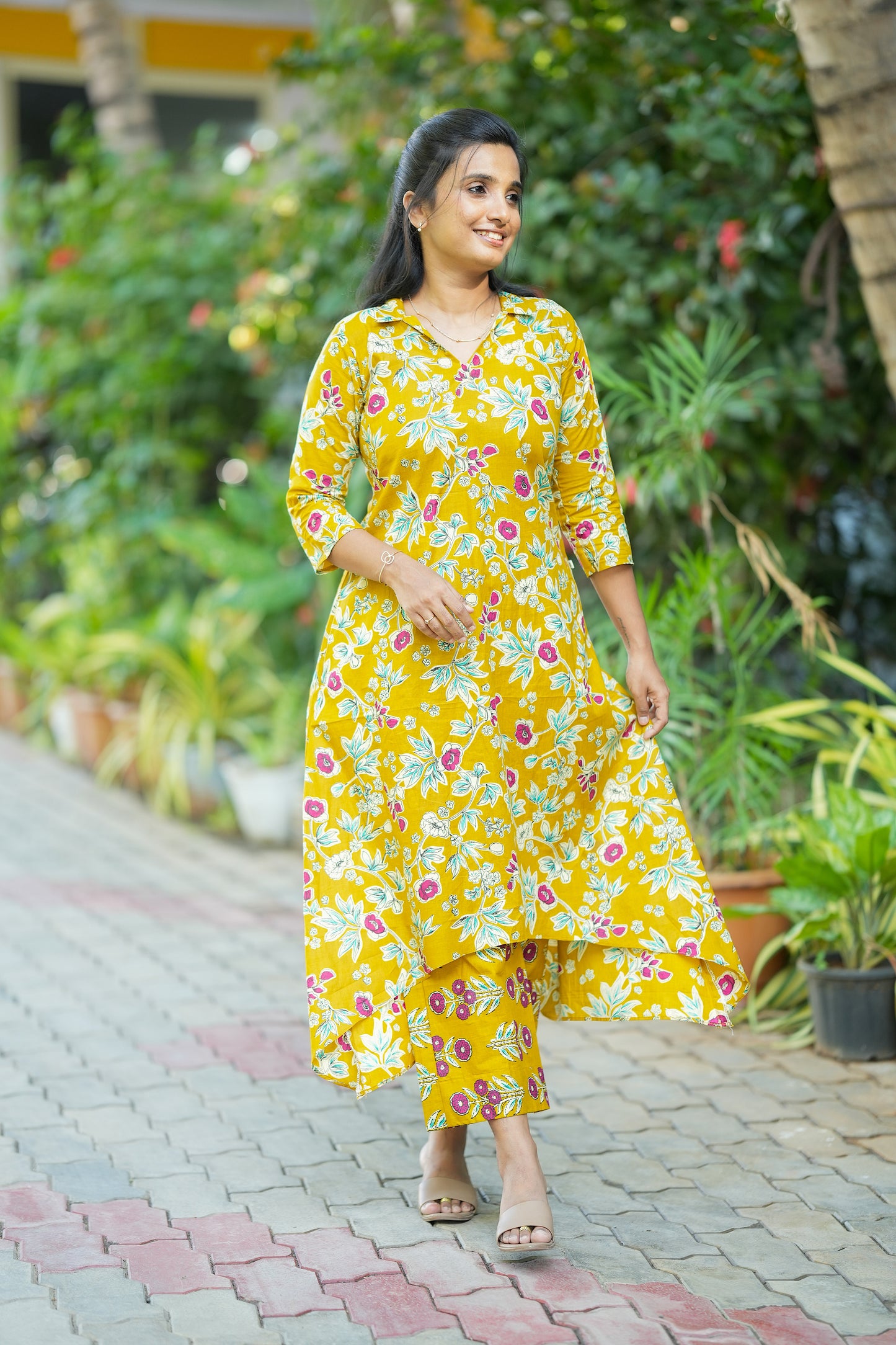 Krisha -  Yellow Cotton Aline Kurti Set