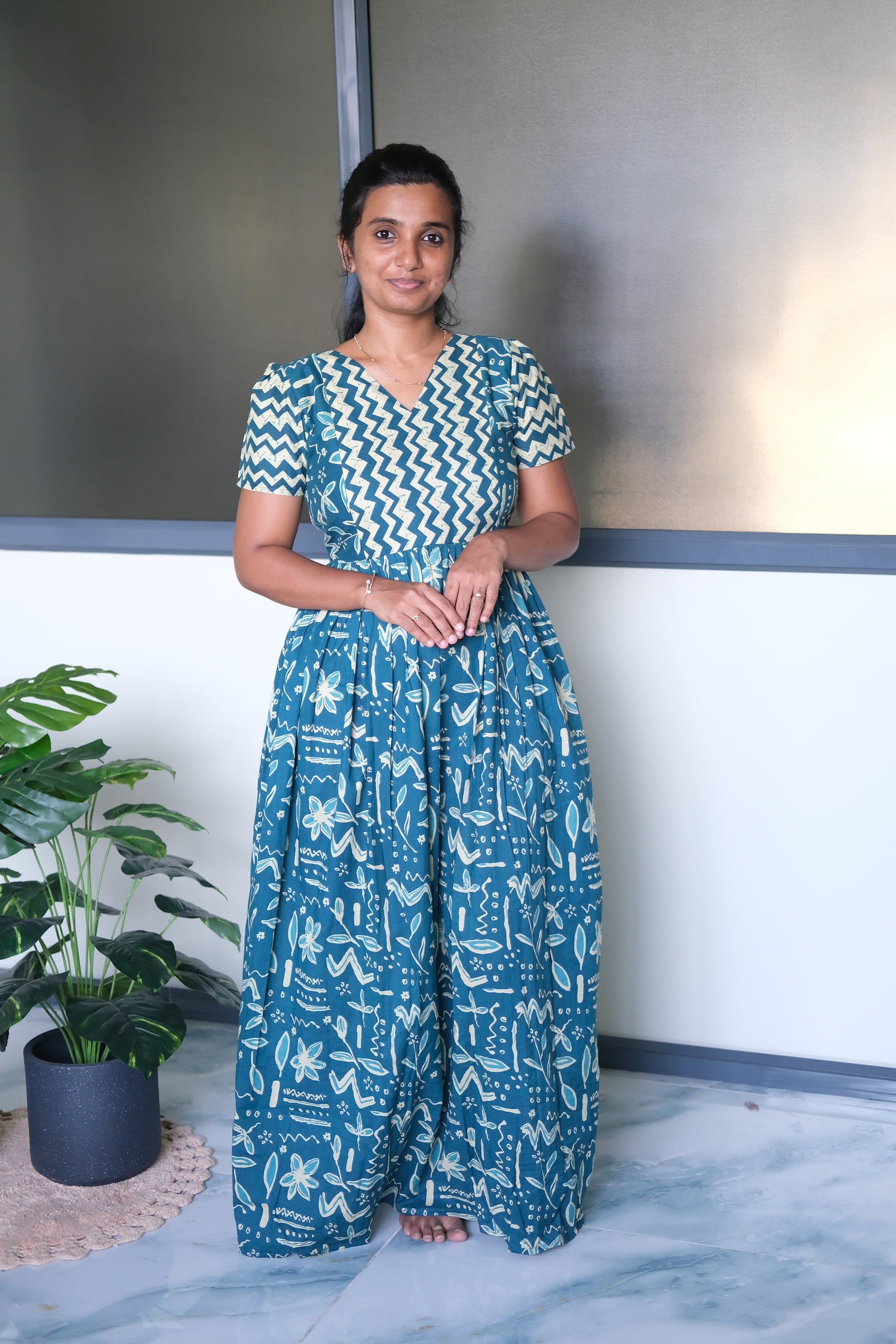 Teal blue cotton maxi nighty with chevron and floral block prints
