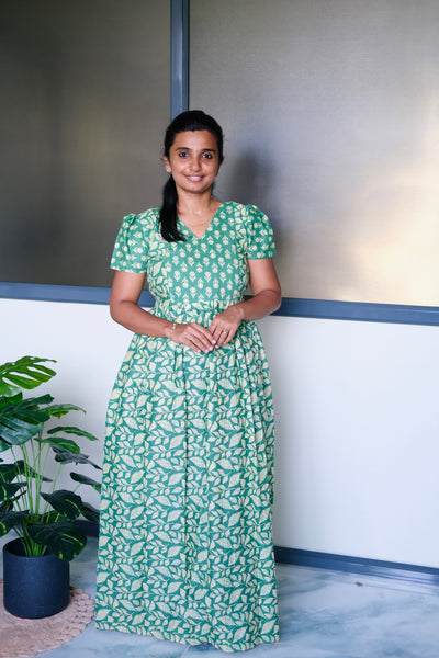 Teal green cotton maxi nighty with cream floral block print and puff sleeves