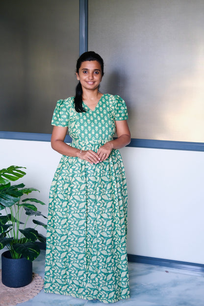 Teal green cotton maxi nighty with cream floral block print and puff sleeves