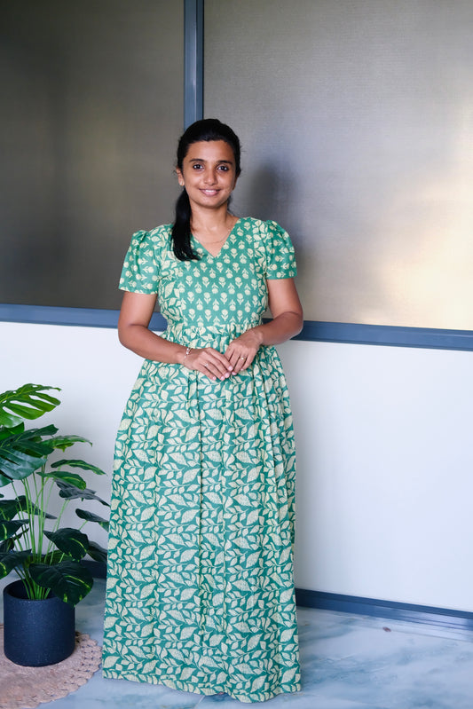 Teal green cotton maxi nighty with cream floral block print and puff sleeves