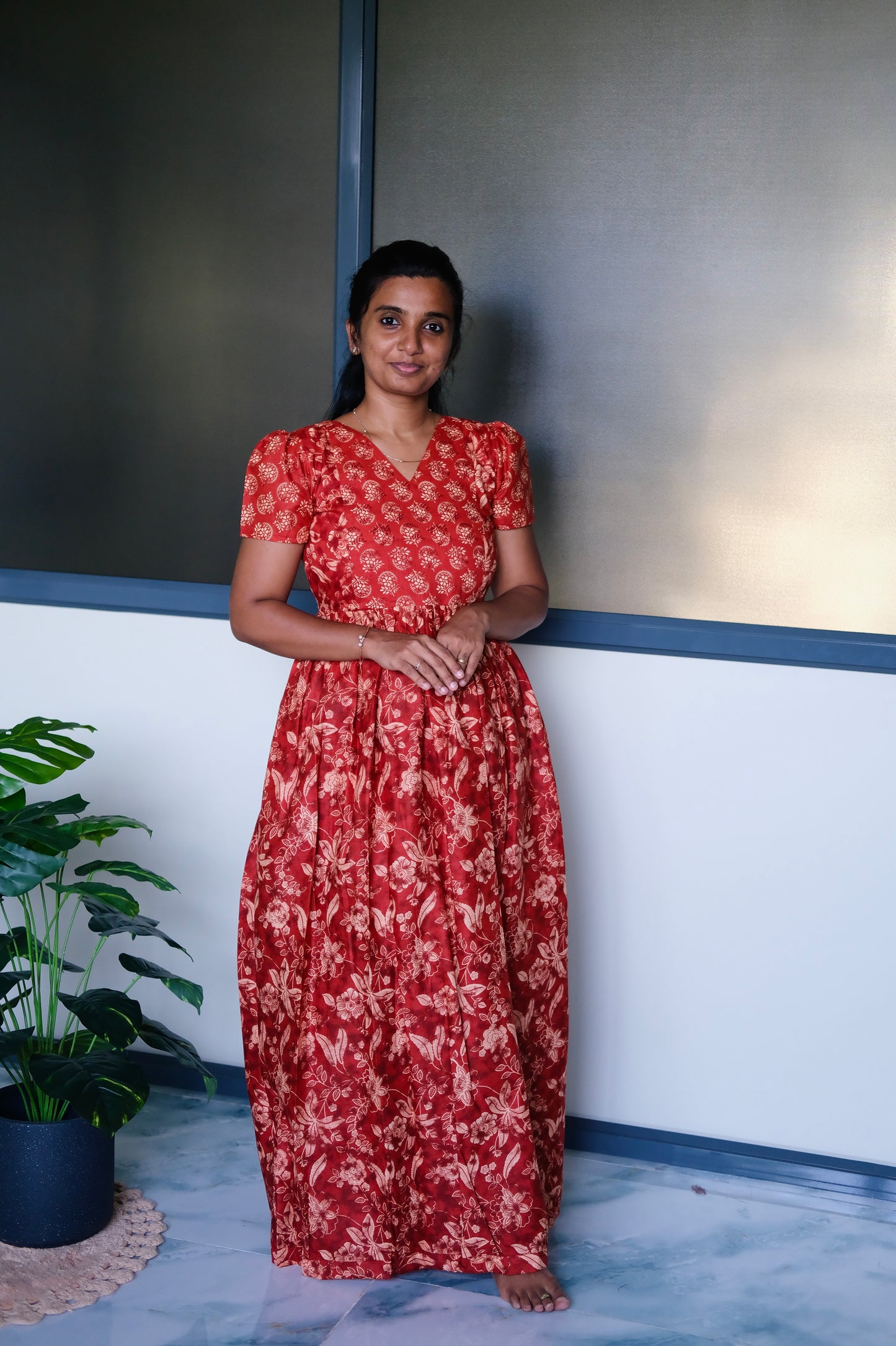 cotton nighty - Red cotton maxi nighty with cream floral block print, featuring a gathered waist and V-neckline.
