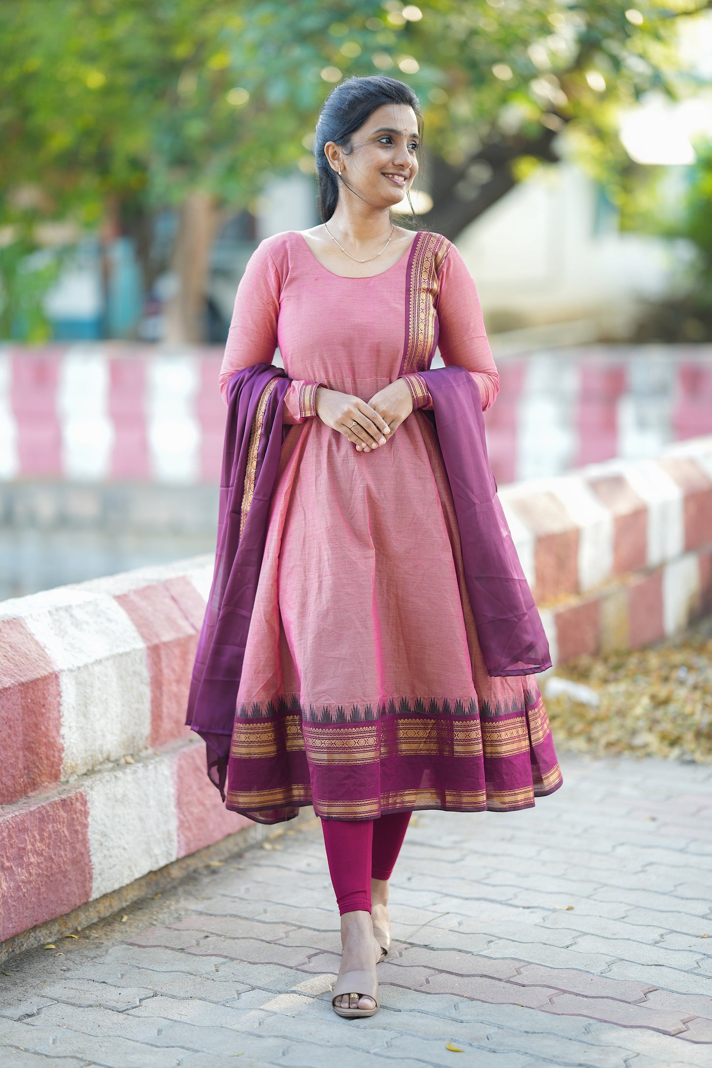 Aadhirai - Pink Cotton Anarkali 2 Pcs Set