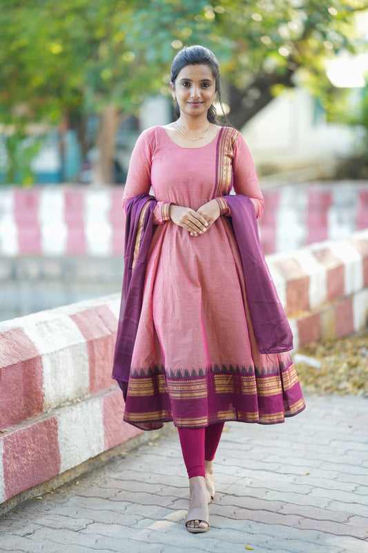 Aadhirai - Pink Cotton Anarkali 2 Pcs Set