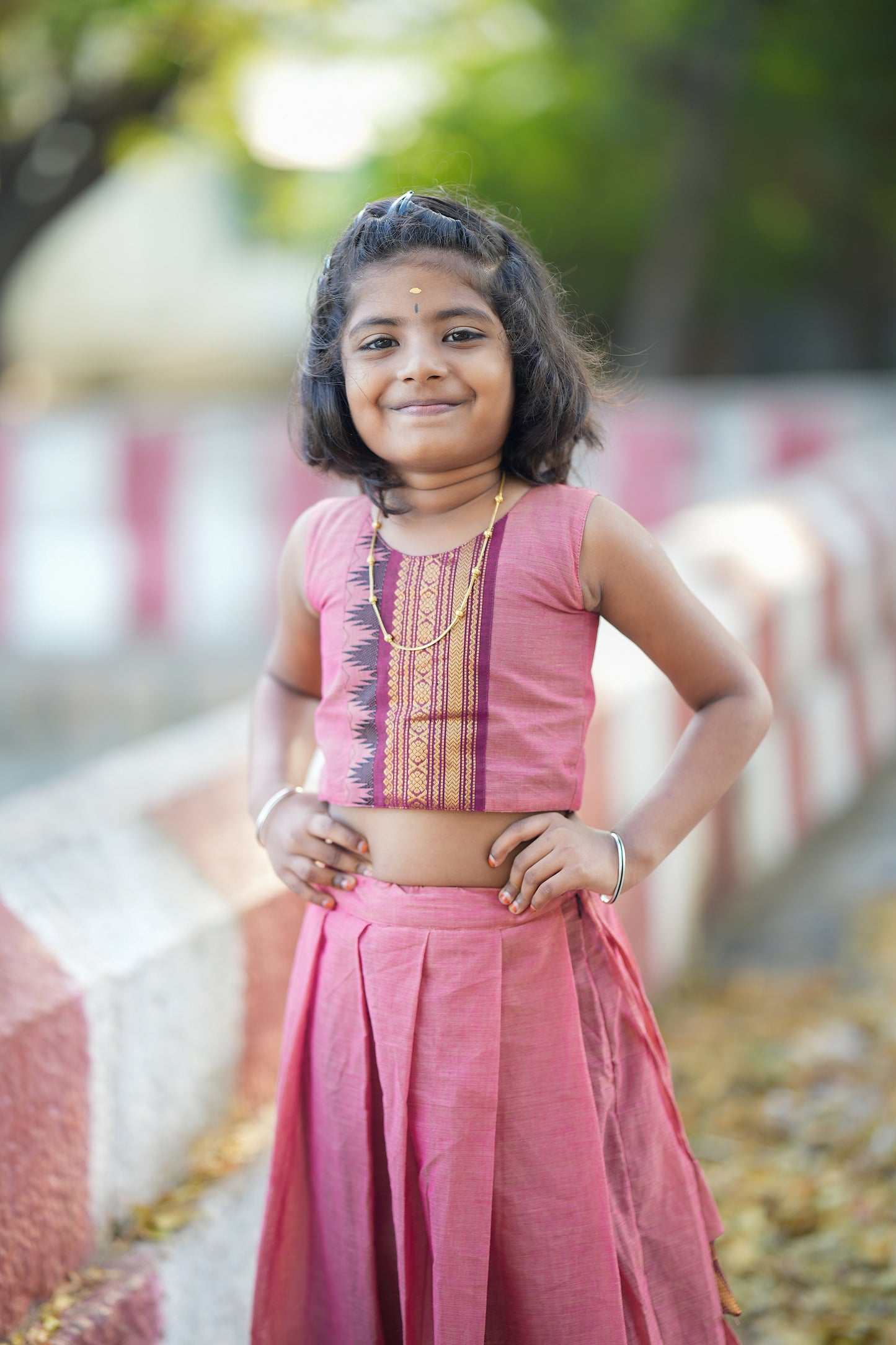 Aadhirai - Pink Cotton Kids Skirt And Top