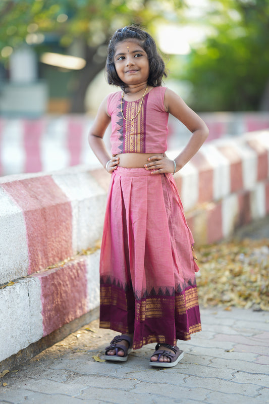 Aadhirai - Pink Cotton Kids Skirt And Top