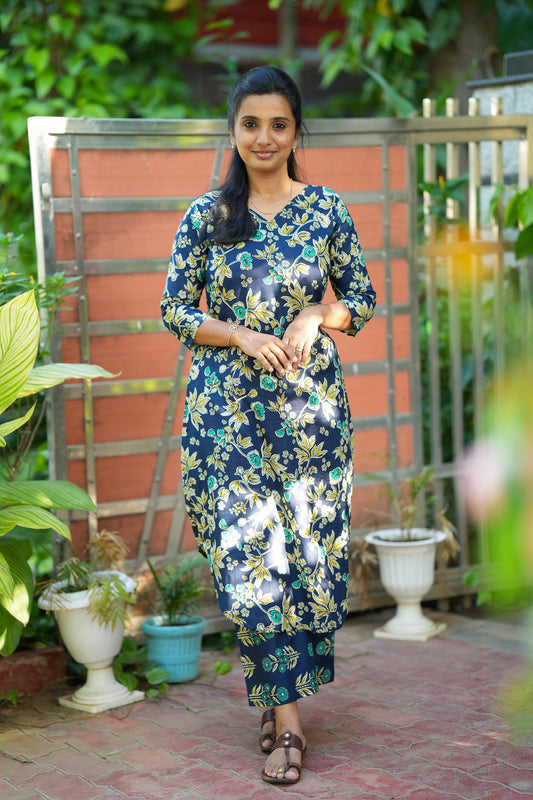 Dhanya -  Royal Blue Cotton Aline Kurti Set