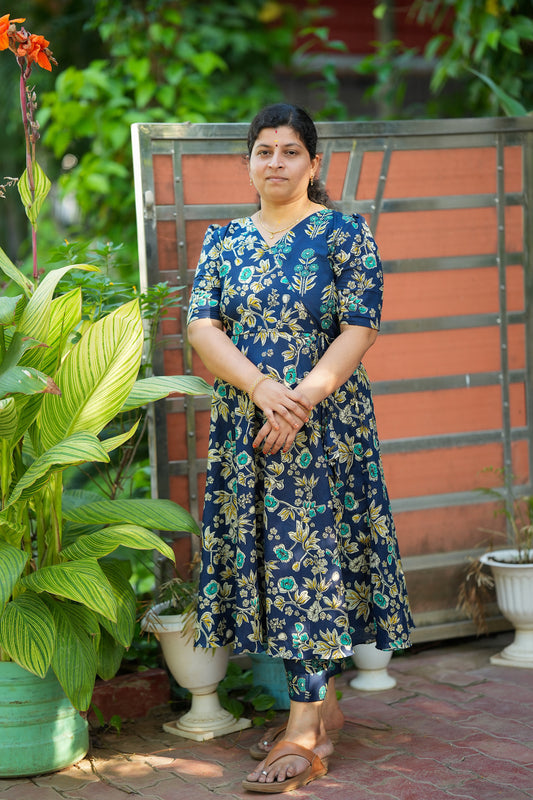 Dhanya -  Royal Blue Cotton Anarkali Kurti Set