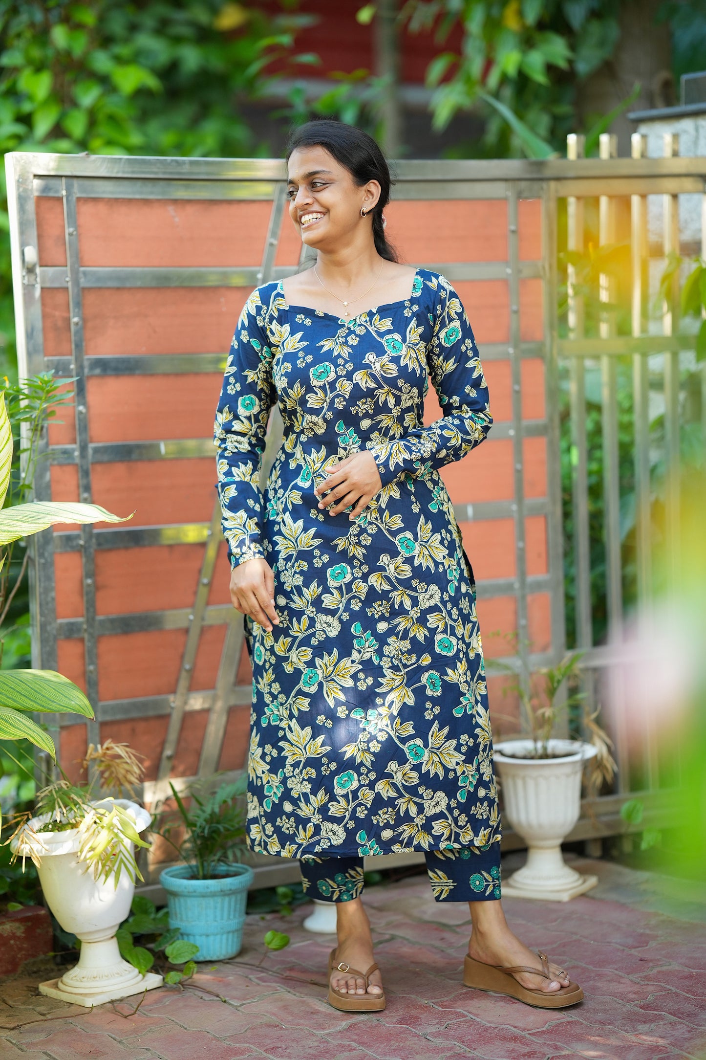 Dhanya -  Royal Blue Cotton Straight Cut Kurti Set