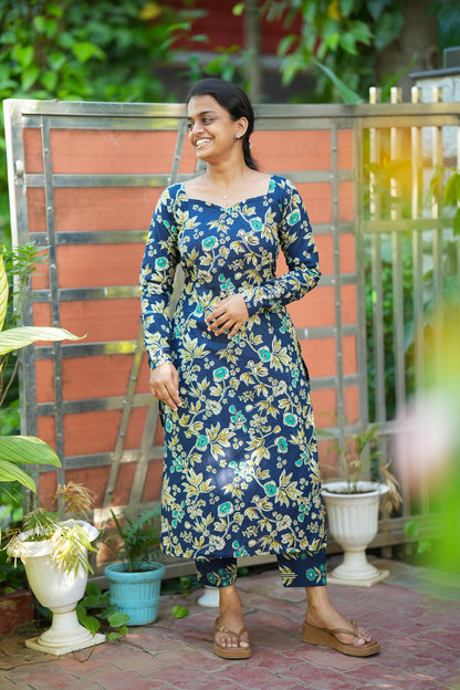 Dhanya -  Royal Blue Cotton Straight Cut Kurti Set