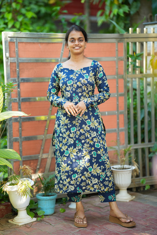 Dhanya -  Royal Blue Cotton Straight Cut Kurti Set