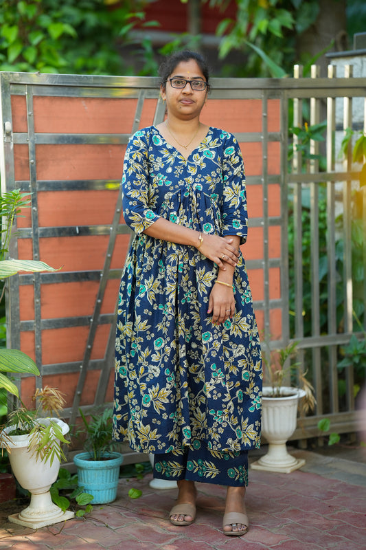 Dhanya -  Royal Blue Cotton Alia Cut Kurti Set