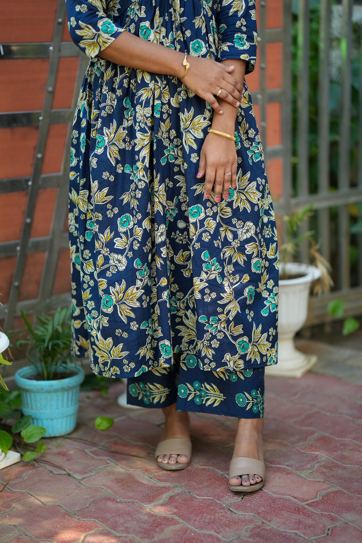 Dhanya -  Royal Blue Cotton Alia Cut Kurti Set