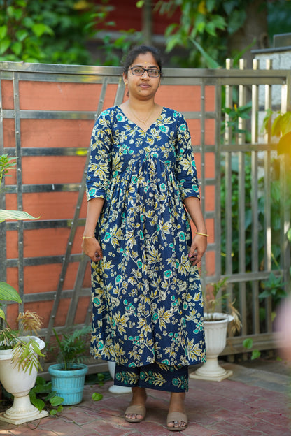 Dhanya -  Royal Blue Cotton Alia Cut Kurti Set